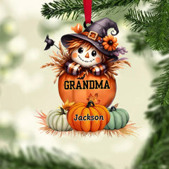 Grandma's Little Pumpkins - Fall Season Background - Scarecrow Grandma With Pumpkin Kid Names Personalized Ornament