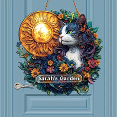 Floral Cat - Personalized Gardening Custom Shaped Wood Sign